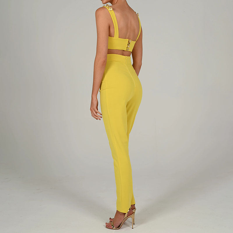 2025 New hot-selling  suit women's fashion two-piece set willow buckle suspender color matching tube top casual trousers