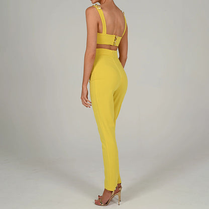 2025 New hot-selling  suit women's fashion two-piece set willow buckle suspender color matching tube top casual trousers