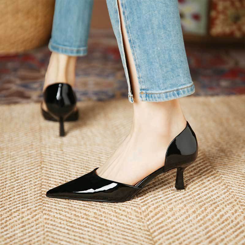 flowersverse  699-1 New  Style Hollow Stiletto Heel Pumps Women's Nude Patent Leather Pointed High Heels Women's Outer Wear
