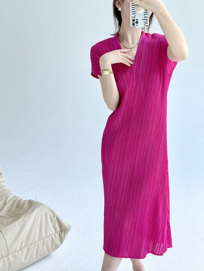 Pleats  summer new high-end design v-neck slim-fitting and thin Miyake dress temperament elegant long dress
