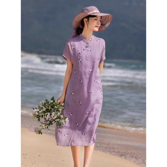 summer new cheongsam Chinese literary and retro embroidered purple cotton and linen dress temperament stand-up collar tea clothes women