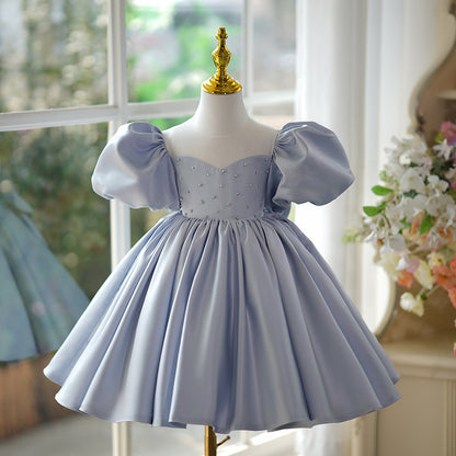 flowersverse Flower Girl Princess Dress Little Girl Dress Haze Blue Children's Birthday Little Host Girl Piano Performance Costume