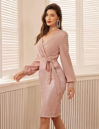 FLOWERSVERSE 2025New   Black Gold Double Spell Solid Color Temperament Commuter High Waist Fashion Sequin Dress