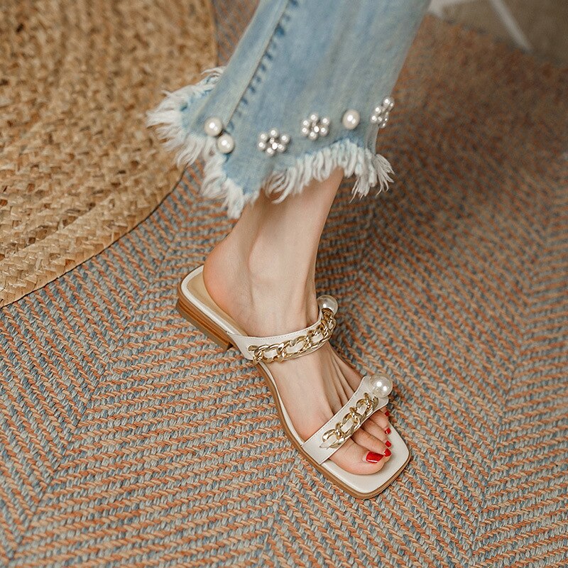 Amozae Pearl Chain Ladies Sandals French Desigh Square Head Elegant Women's Muller New Comfortable Low Heel Fairy Female Slippers