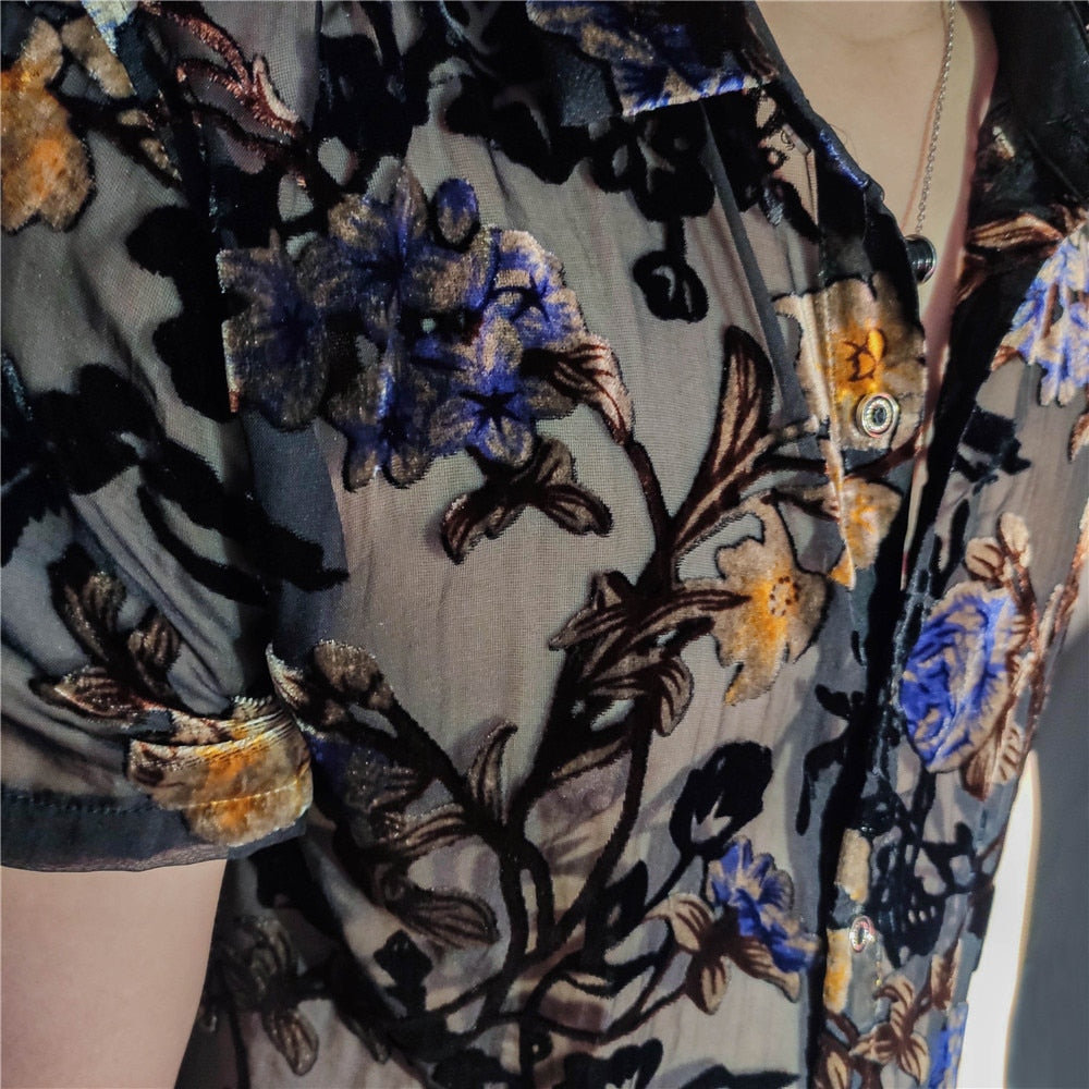 flowersverse Colorful Flowers Pattern Velvet Shirt Men Transparent Short Sleeve Sexy Shirt Social Club Outfits Party Men Designer Shirt