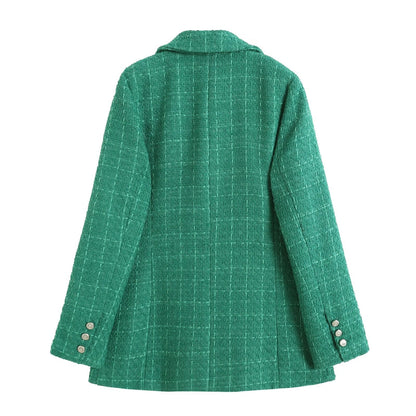 flowersverse  Women Fashion Double Breasted Houndstooth Blazer Coat Vintage Long Sleeve Flap Pockets Female Outerwear Chic Vestes