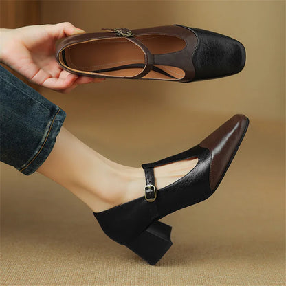 New Genuine Leather Women Mary Jane Shoes Spring Retro Woman Shoes Square Toe Women Pumps Shoes for Women Zapatos De Mujer