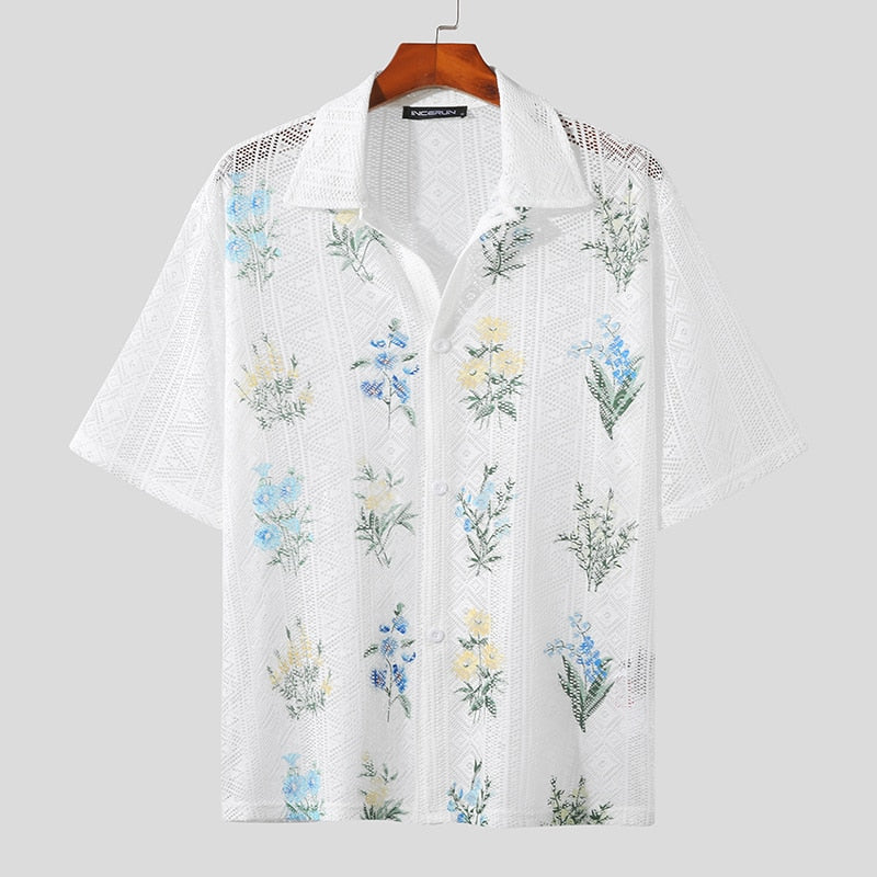 flowersverse Men Shirt Mesh See Through Lapel Sexy Short Sleeve Lace Button Camisas Streetwear Party Nightclub Men Clothing 7