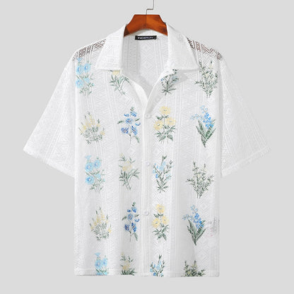 flowersverse Men Shirt Mesh See Through Lapel Sexy Short Sleeve Lace Button Camisas Streetwear Party Nightclub Men Clothing 7