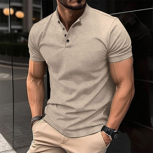 flowersverse Summer Vintage Henry T Shirts Men Leisure Solid Color Short Sleeve Button Slim Polo Tee For Mens Casual Slim Fit Tops Streetwear