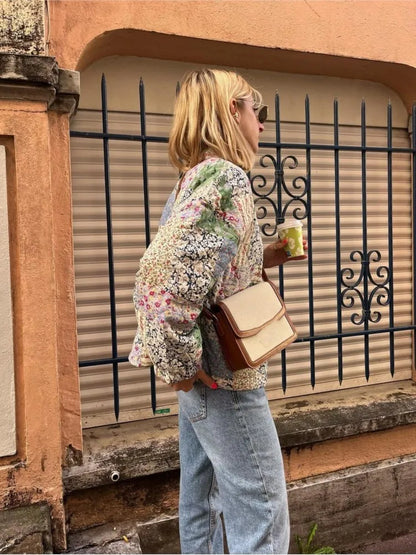 flowersverse Women Green Flower Printed Quilted Warm Coat Autumn Oversized Long Sleeve Cotton Jacket Winter Casual Fashion Streetwear