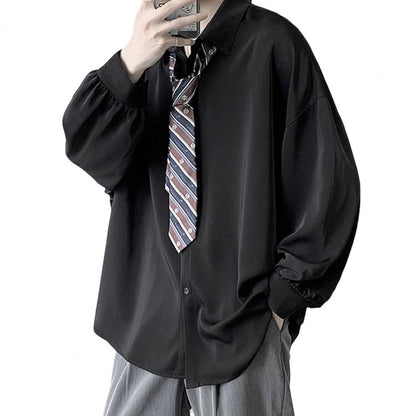 flowersverse Black Long-sleeved Shirts Men Korean Lapel Single-breasted Men Shirt Spring Autumn Loose Fit Solid Color Shirt with Tie