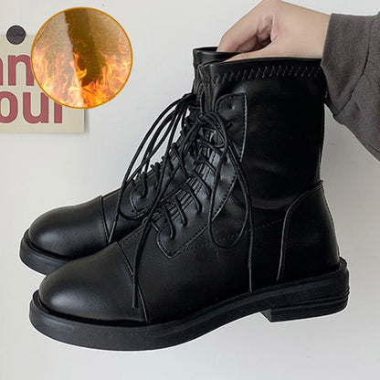 Christmas Gift Fashion Women Ankle Boots Lace Up Booties Woman Winter Flats Shoes Zip Solid Square Toe Ladies Short Boots Female Shoes