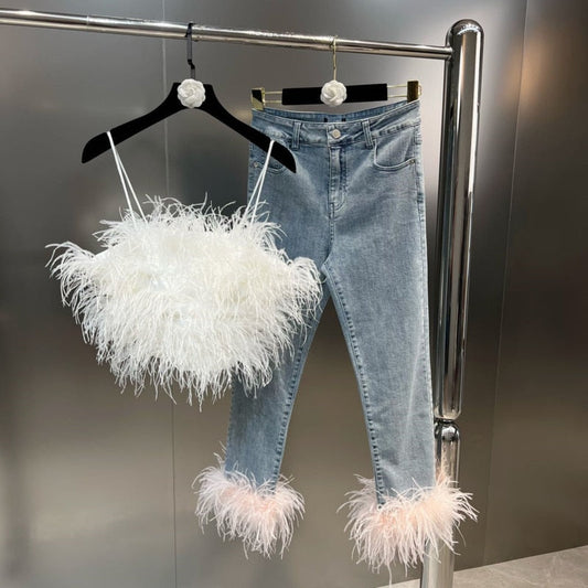 Autumn Sleeveless Feathers Camisole Crop Top Blue Denim Pants Long Jeans Two Piece Set Women GF920
