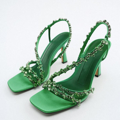 Amozae New Women Sandals Buckle Strap Open Square Toe   Ladies Pumps High Heel Beaded Fashion Summer Rhinestone Female Shoes