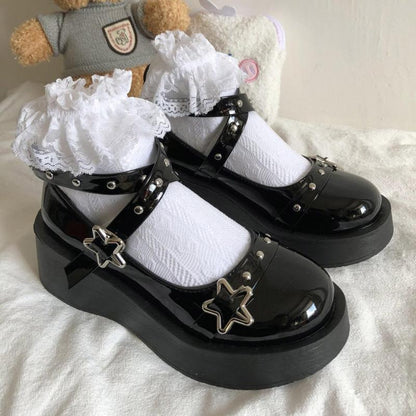 flowersverse - Lolita Shoes Gothic Chunky Star Buckle Mary Jane Shoes Cute Platform Cross-Tied Wedges Loli Thick Heel Casual Shoes Cosplay