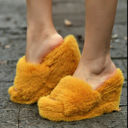 flowersverse Luxury New Women Feminine High-Heeled Fur Drag Outdoor All-Match Shoes Slippers Round Head Wedges With Mink Fur Slippers