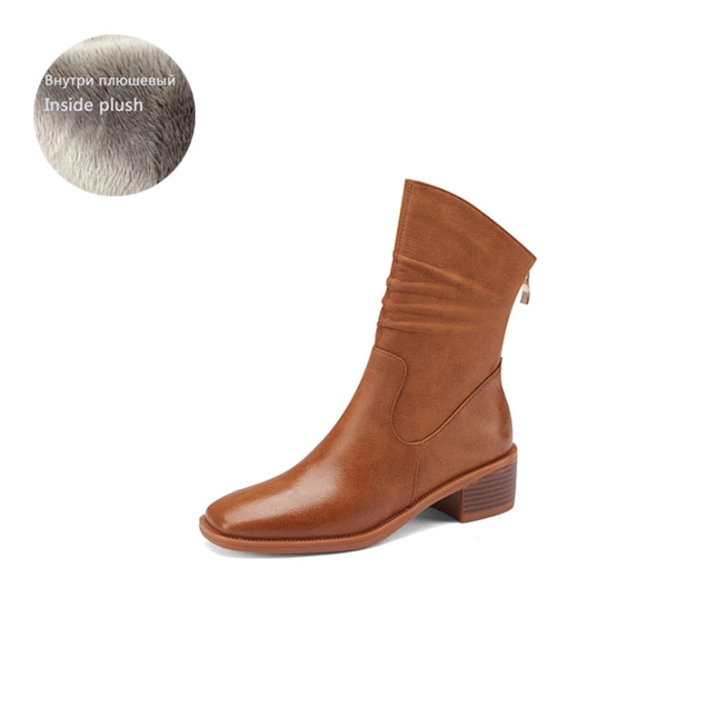 Amozae 2023 New Fall/Winter Women Boots Genuine Leather Square Toe Thick Heel Zipper Ankle Boots Solid Color Retro Woman Shoes Brown