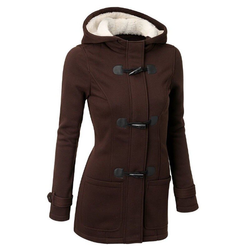 flowersverse Hooded Cotton Blend Classic Horn Leather Buckle Coat Jacket Cotton Coat Women