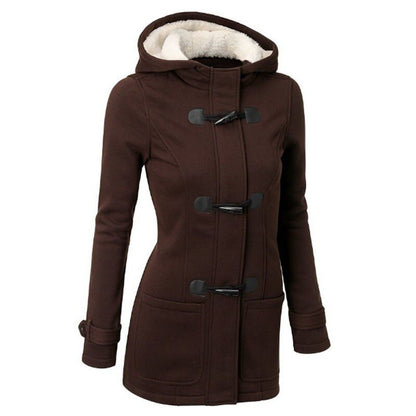flowersverse Hooded Cotton Blend Classic Horn Leather Buckle Coat Jacket Cotton Coat Women