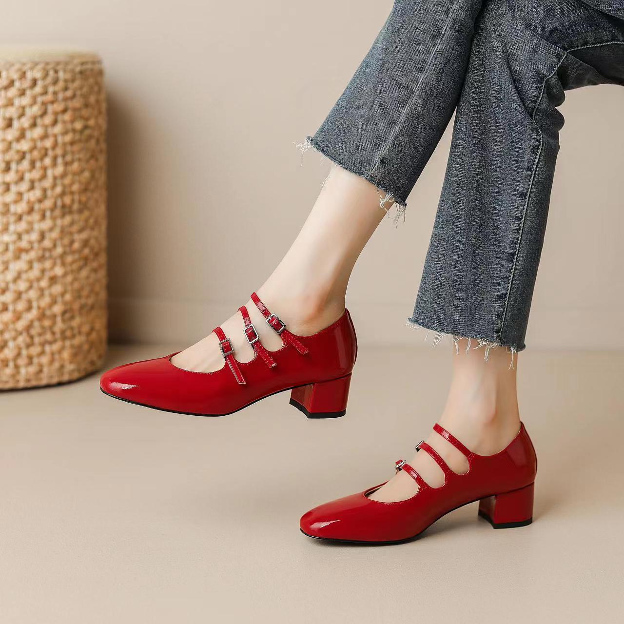 flowersverse -  Spring/summer Mary Jane Shoes Patent Leather Woman Shoe French Square Toe Thick Heel Shoes Women Buckle Strap Commute Pumps