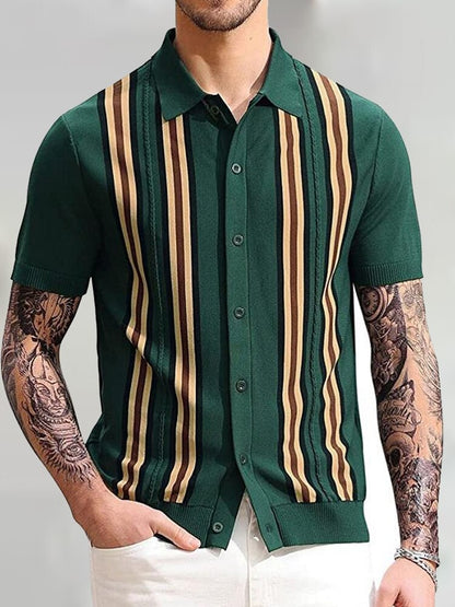 flowersverse Summer Short Sleeve Knitted Polo Shirt Casual Men Button-up Turn-down Collar Tops Mens Fashion Striped Polos Man Streetwear
