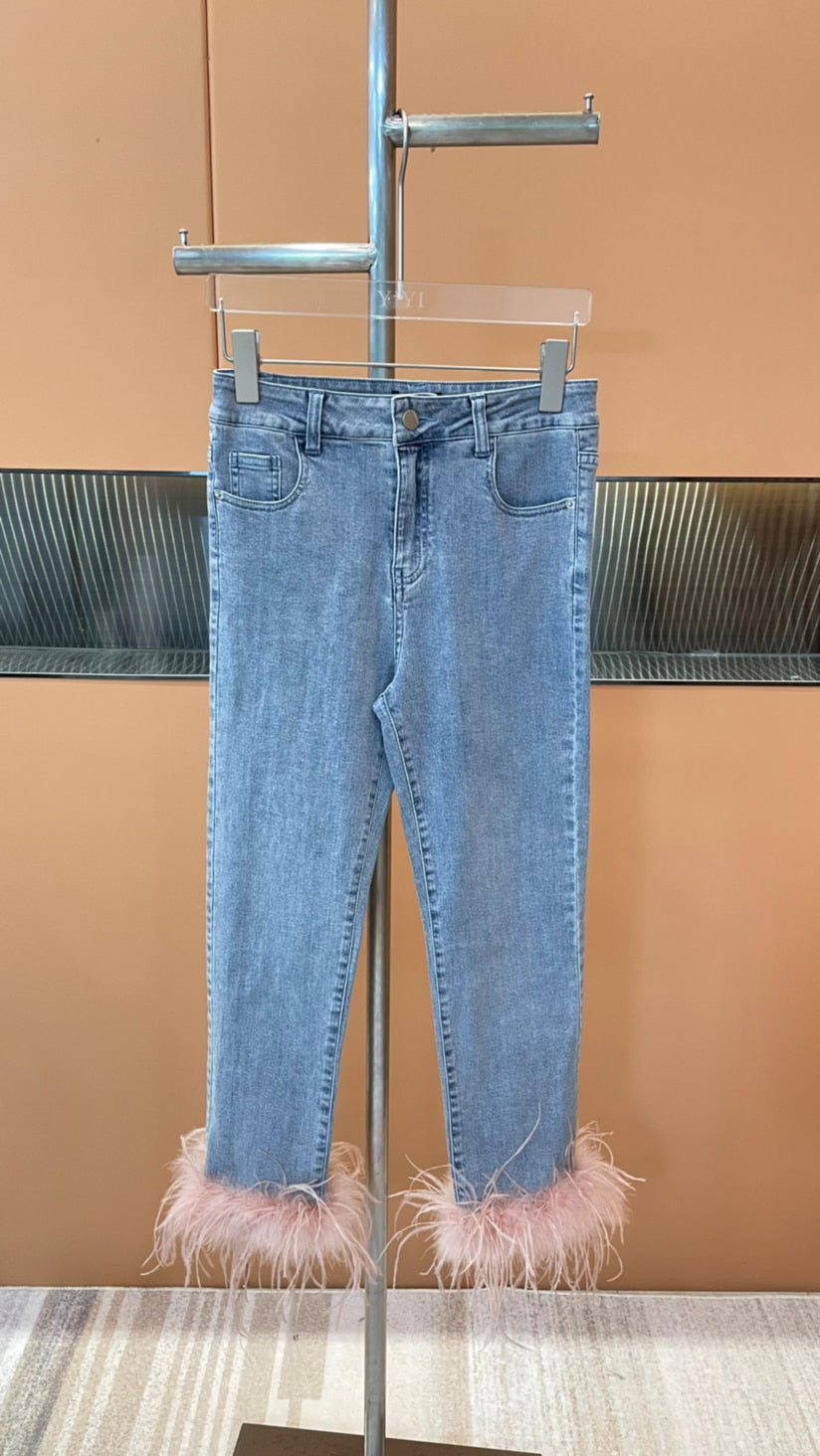 Autumn Sleeveless Feathers Camisole Crop Top Blue Denim Pants Long Jeans Two Piece Set Women GF920