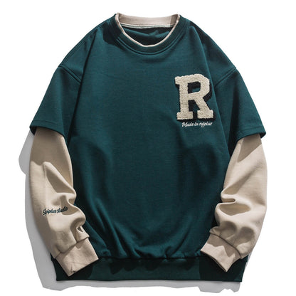 flowersverse Vintage Flocked Letter Fake Two Patchwork Hoodie Pullover Harajuku Sweatshirts Men Hip Hop Streetwear Loose Casual Tops