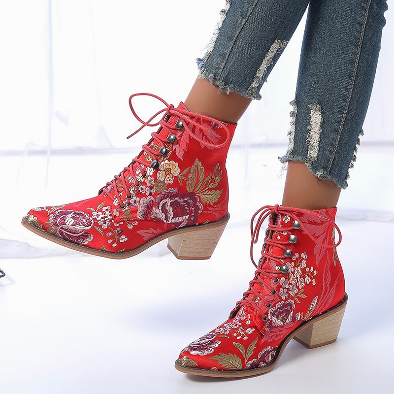 Christmas Gift  Women's Shoes Fashion Boots Women Ankle Boots  Chinese Style Embroidered Flowers  Boots Fortune Flower Women Boots