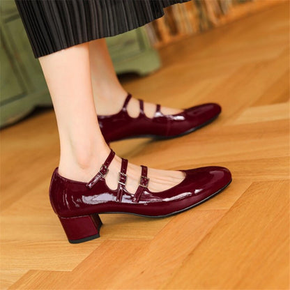 flowersverse -  Spring/summer Mary Jane Shoes Patent Leather Woman Shoe French Square Toe Thick Heel Shoes Women Buckle Strap Commute Pumps