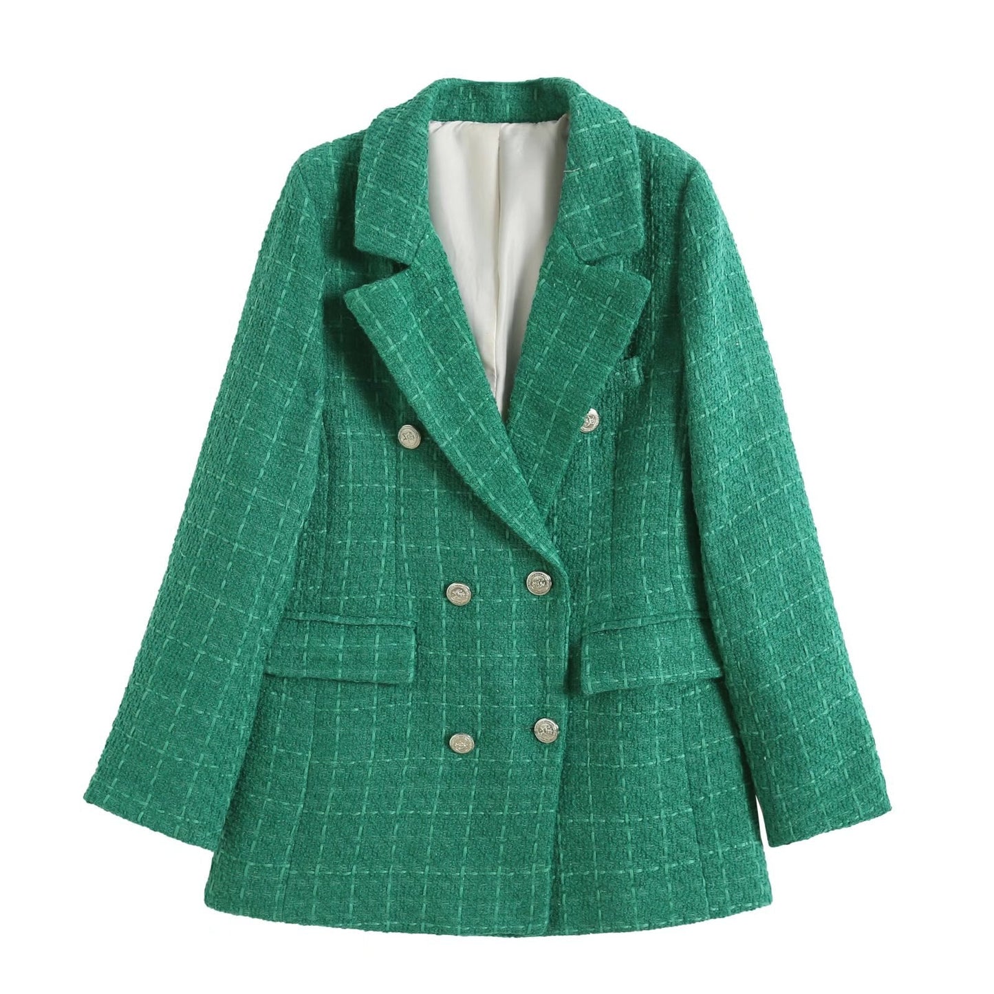 flowersverse  Women Fashion Double Breasted Houndstooth Blazer Coat Vintage Long Sleeve Flap Pockets Female Outerwear Chic Vestes