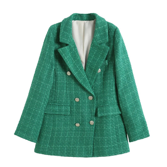 flowersverse  Women Fashion Double Breasted Houndstooth Blazer Coat Vintage Long Sleeve Flap Pockets Female Outerwear Chic Vestes