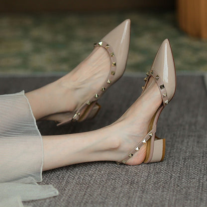 Amozae New Summer Women Sandals Rivet Pointed Toe Chunky Heel Low Heel Flat Females Pumps Fashion High Quality Elegant Noble Lady Shoe