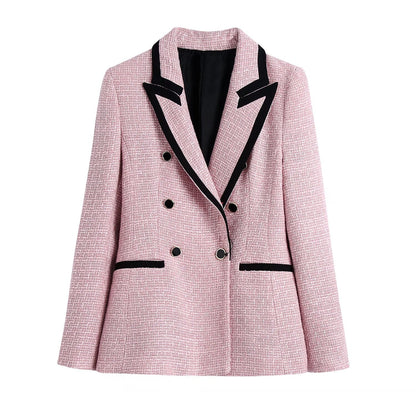 flowersverse  Women Fashion Double Breasted Houndstooth Blazer Coat Vintage Long Sleeve Flap Pockets Female Outerwear Chic Vestes