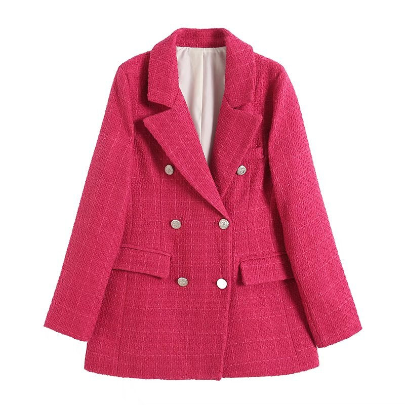flowersverse  Women Fashion Double Breasted Houndstooth Blazer Coat Vintage Long Sleeve Flap Pockets Female Outerwear Chic Vestes