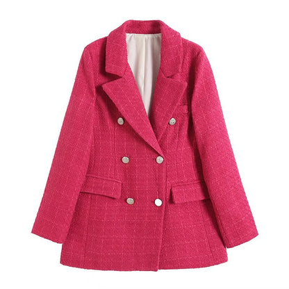 flowersverse  Women Fashion Double Breasted Houndstooth Blazer Coat Vintage Long Sleeve Flap Pockets Female Outerwear Chic Vestes