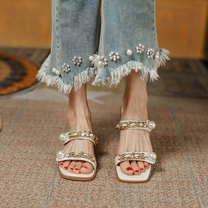 Amozae Pearl Chain Ladies Sandals French Desigh Square Head Elegant Women's Muller New Comfortable Low Heel Fairy Female Slippers