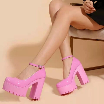 Christmas Gift Chunky Heeled Ankle Strap Pumps Sweet Platform Pink Square Heel Woman High Heels Pumps Platform Shoes  Spring Woman Shoes