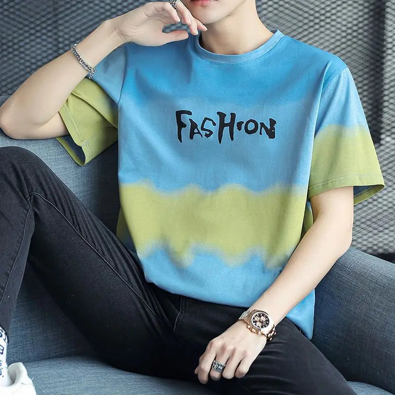 flowersverse  -  Fashion Printed O-Neck Letter Gradient T-Shirt Men's Clothing Summer New Oversized Casual Pullovers Korean Tee Shirt