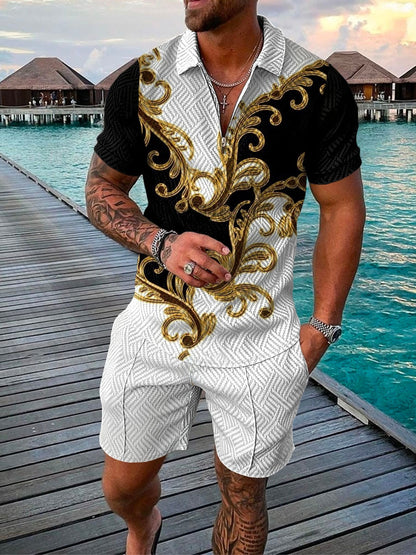 flowersverse Men's Polo Suit Fashion Men Sets Mens Solid Color Summer V-neck Zipper Short Sleeve POLO Shirt+Shorts Two Pieces Men Casual Suit