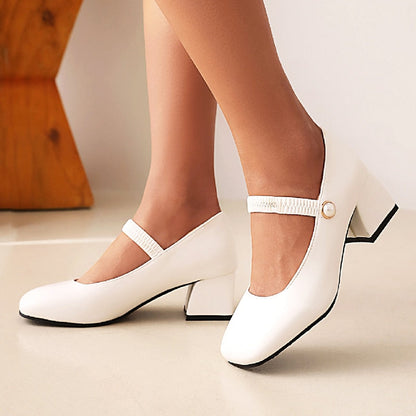 flowersverse - Elegant Medium Heels Women Pumps Mary Jane Shoes New Spring White Blue Green Heeled Wedding Office Shoes Female Large Size