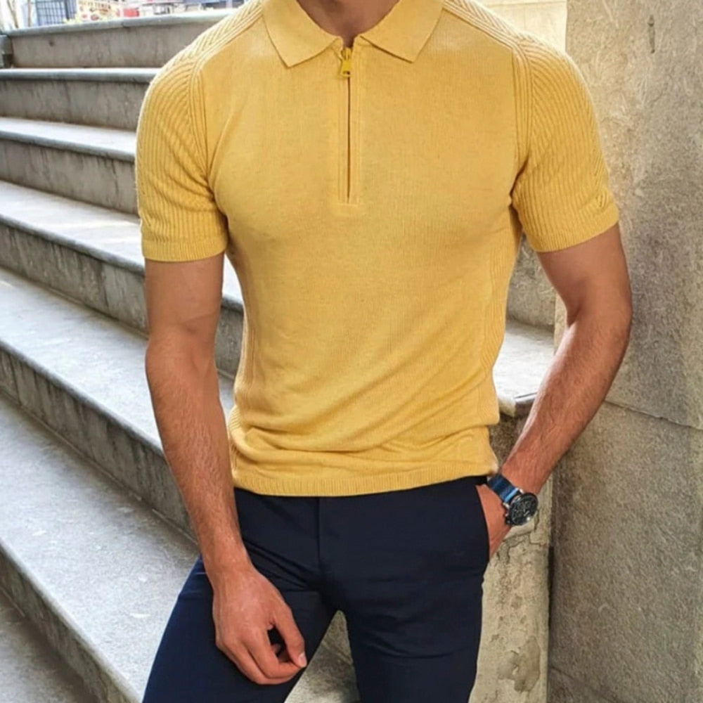 flowersverse Summer New Knitwear Men's T Shirts Slim Lapel Short-sleeved Polo Shirt Solid Color Casual Male Tops