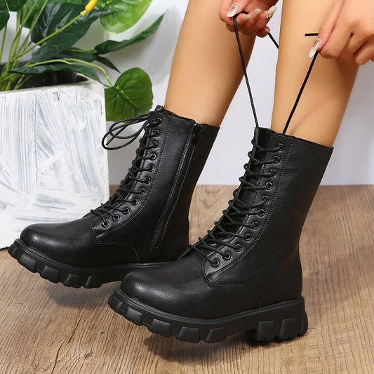 flowersverse Women's Martens Boots PU Leather White Ankle Boots Autumn Winter Motorcycle Boots Fashion Female Chunky Heel Platform Boots