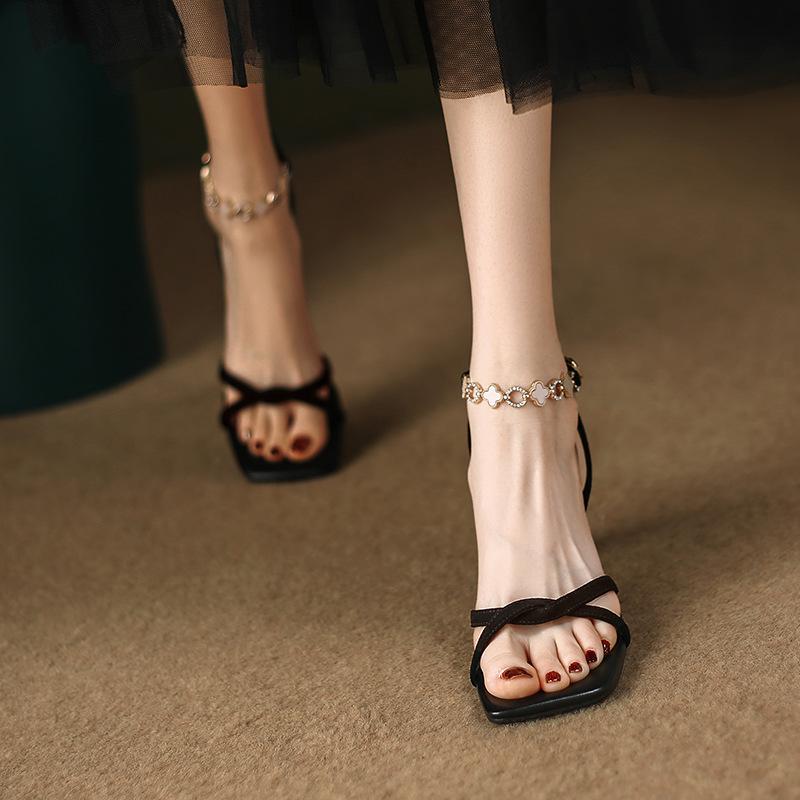 flowersverse Sandals for Women High Heel Summer Thin Ankle Straps Mental Buckle Strap Lady Sandals Elegant Fashion Concise Female Shoes