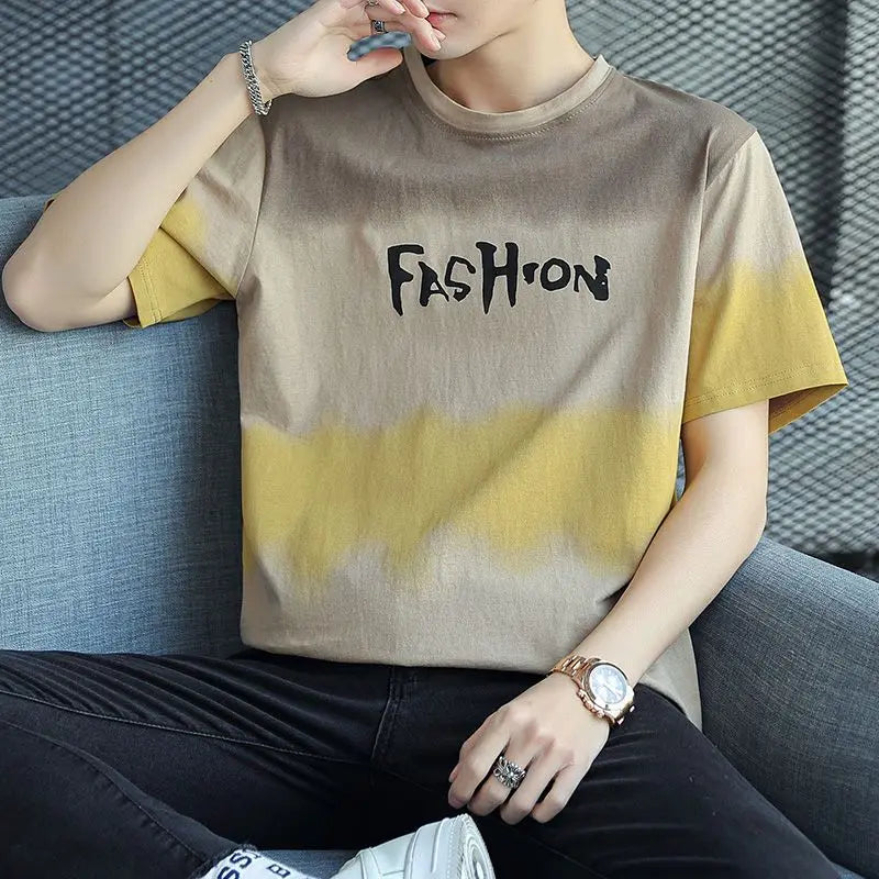 flowersverse  -  Fashion Printed O-Neck Letter Gradient T-Shirt Men's Clothing Summer New Oversized Casual Pullovers Korean Tee Shirt