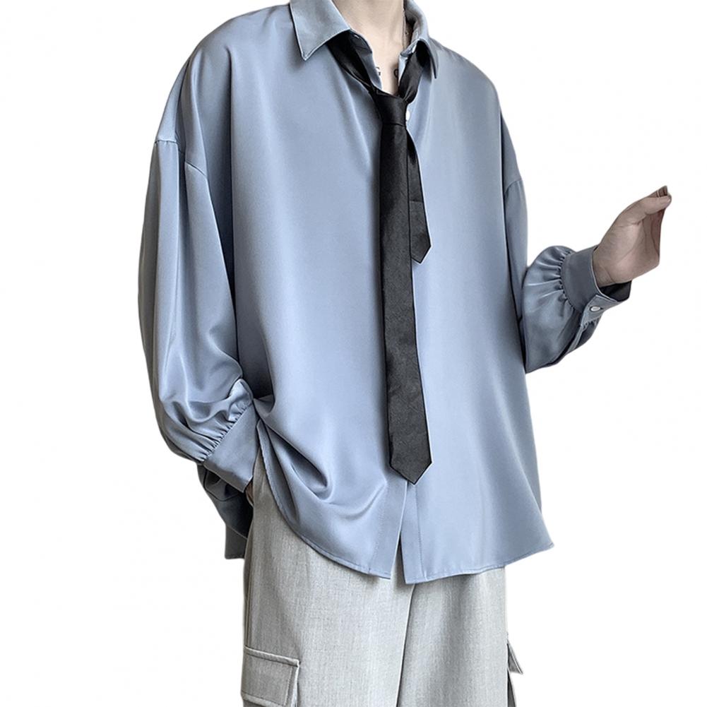 flowersverse Black Long-sleeved Shirts Men Korean Lapel Single-breasted Men Shirt Spring Autumn Loose Fit Solid Color Shirt with Tie