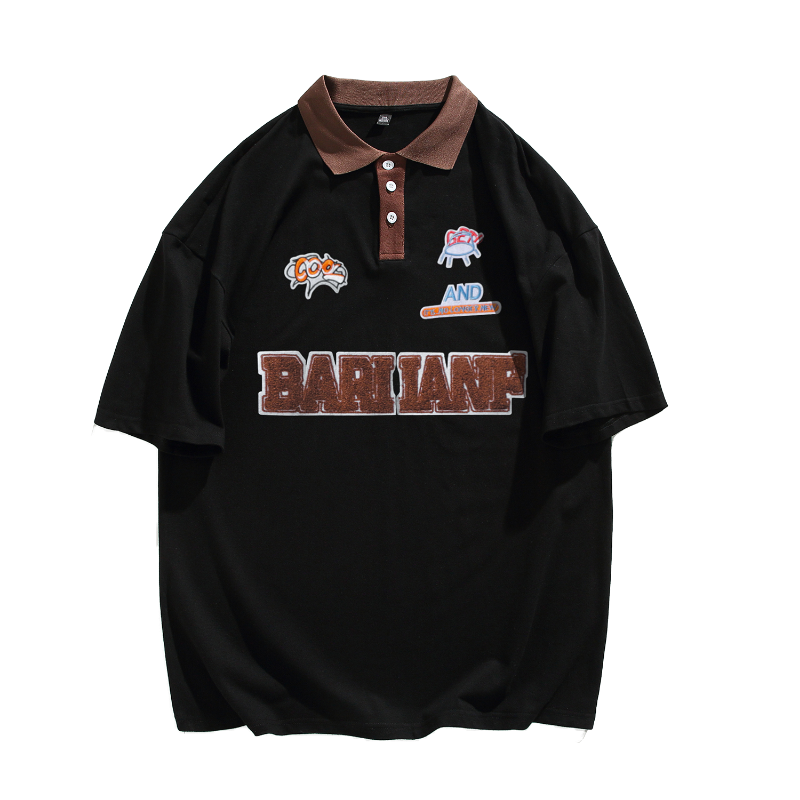 flowersverse American College Style T-shirts Plus Size Mens Short Sleeve Turn-down Collar Tops  Hip Hop Streetwear Male Loose Tee Shirts