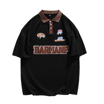 flowersverse American College Style T-shirts Plus Size Mens Short Sleeve Turn-down Collar Tops  Hip Hop Streetwear Male Loose Tee Shirts