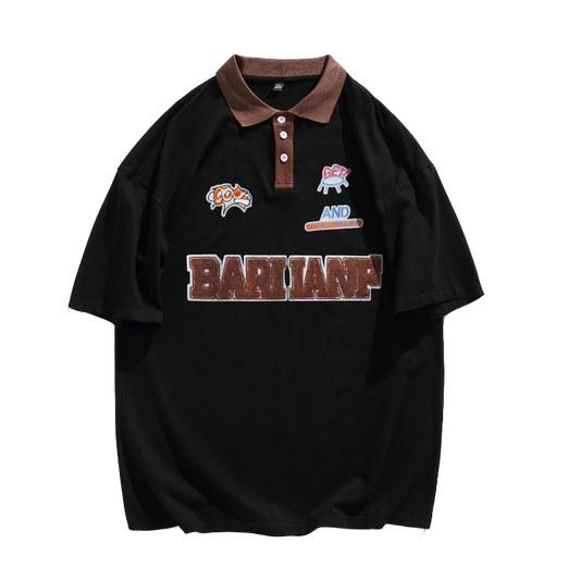 flowersverse American College Style T-shirts Plus Size Mens Short Sleeve Turn-down Collar Tops  Hip Hop Streetwear Male Loose Tee Shirts