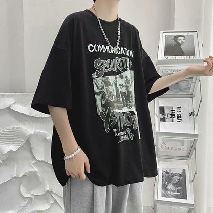 flowersverse Summer Men's Clothing Short Sleeve Loose Trend Fashion Printed Round Neck Casual Hong Kong Breeze Handsome Simplicity T-shirt